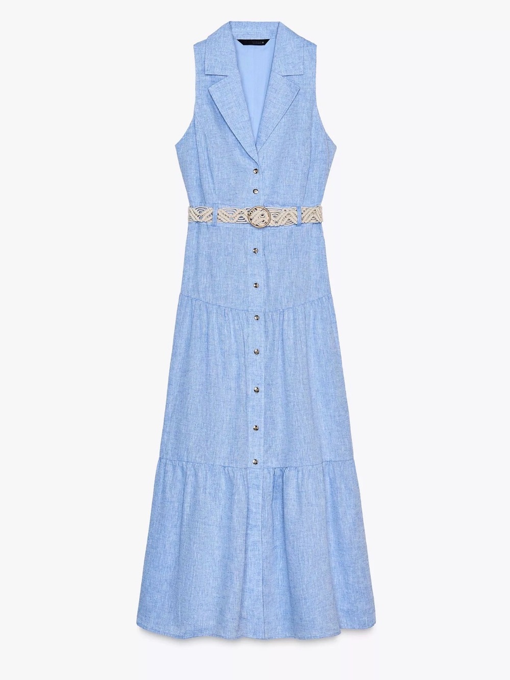 Zara Light Blue Sleeveless Button-Front Maxi Dress with Woven Belt